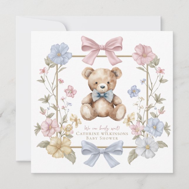 Whimsical Floral Teddy Bear Baby Shower QR code  Invitation (Front)