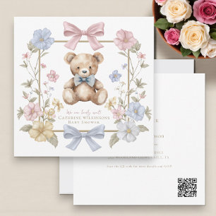 Whimsical Floral Teddy Bear Baby Shower QR code Invitation