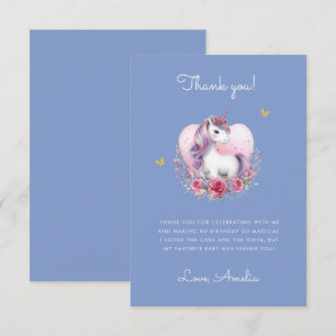 Whimsical Floral Unicorn Blue Birthday Thank You Card