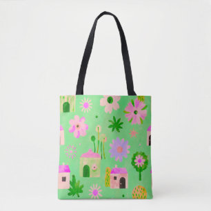 Whimsical Floral Village Pattern Tote Bag