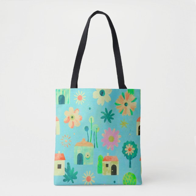 Whimsical Floral Village Pattern Tote Bag (Front)