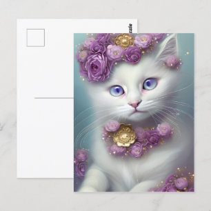 Whimsical Floral White Cat Portrait Postcard