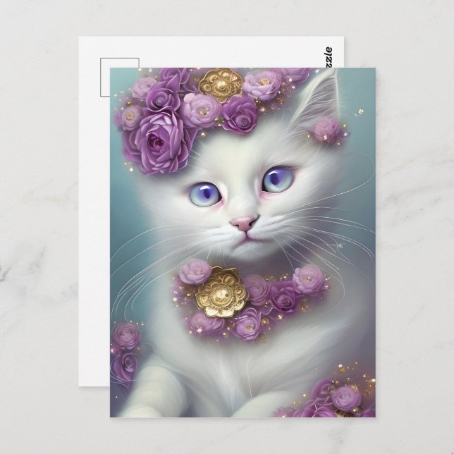 Whimsical Floral White Cat Portrait Postcard (Front/Back)