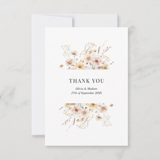 Whimsical Floral Wildflowers Photo Message Wedding Thank You Card (Front)