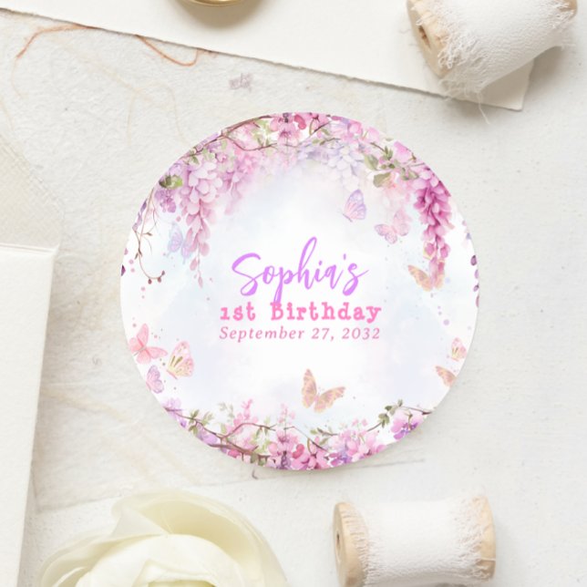 Whimsical Floral Wisteria Butterfly Birthday Classic Round Sticker (Creator Uploaded)