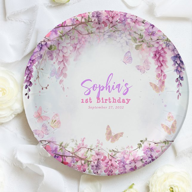 Whimsical Floral Wisteria Butterfly Kids Birthday Paper Plate (Creator Uploaded)