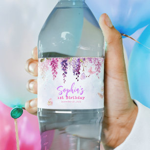 Whimsical Floral Wisteria Butterly Kids Birthday Water Bottle Label