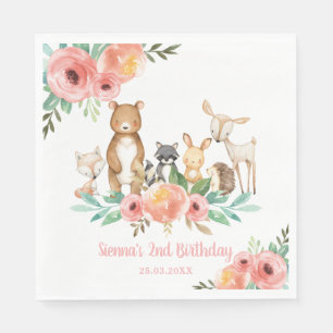 Whimsical Floral Woodland Animals 1st Birthday Napkin