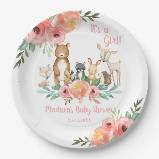 Whimsical Floral Woodland Animals Baby Shower Girl Paper Plate (Front)