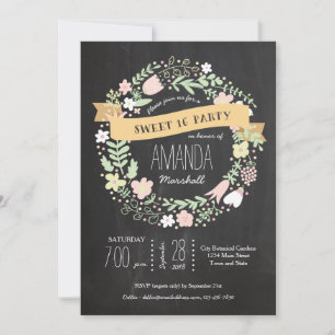 Whimsical Floral Wreath Chalkboard Sweet 16 Photo Invitation