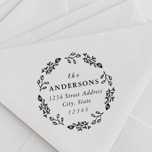Whimsical Floral Wreath Family Name Return Address Self-inking Stamp