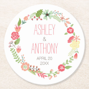 Whimsical Floral Wreath Personalised Wedding Round Paper Coaster