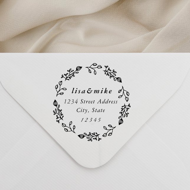 Whimsical Floral Wreath Wedding Return Address Rubber Stamp (Creator Uploaded)