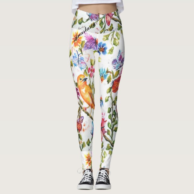 WHIMSICAL FLORALS WITH A YELLOW BIRD LEGGINGS (Front)