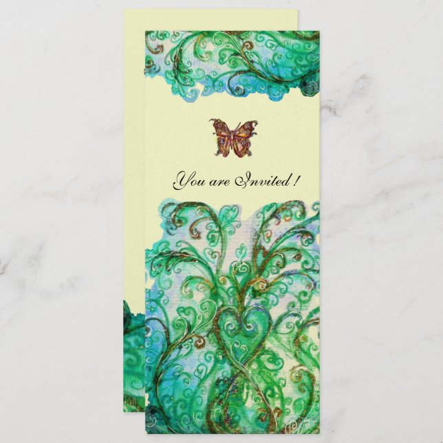 WHIMSICAL FLOURISHES Bright Blue Green White Pearl Invitation (Front/Back)