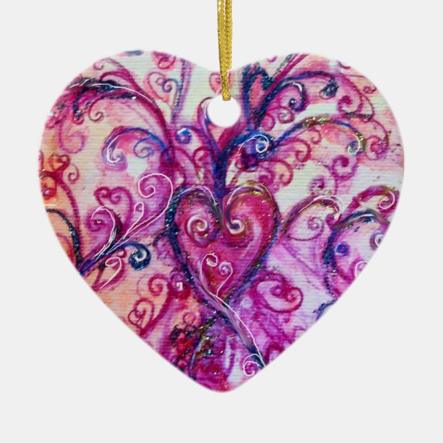 WHIMSICAL FLOURISHES HEART bright pink blue Ceramic Tree Decoration (Front)