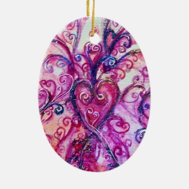 WHIMSICAL FLOURISHES HEART bright pink fuchsia Ceramic Tree Decoration (Back)