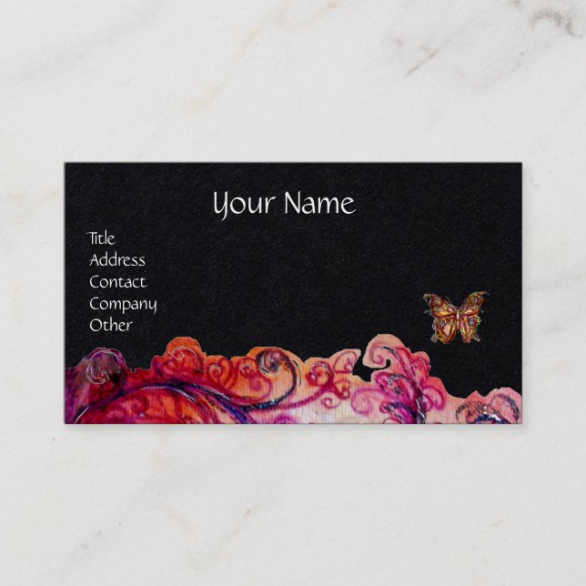 WHIMSICAL FLOURISHES Red Pink Floral Black Paper Business Card (Front)