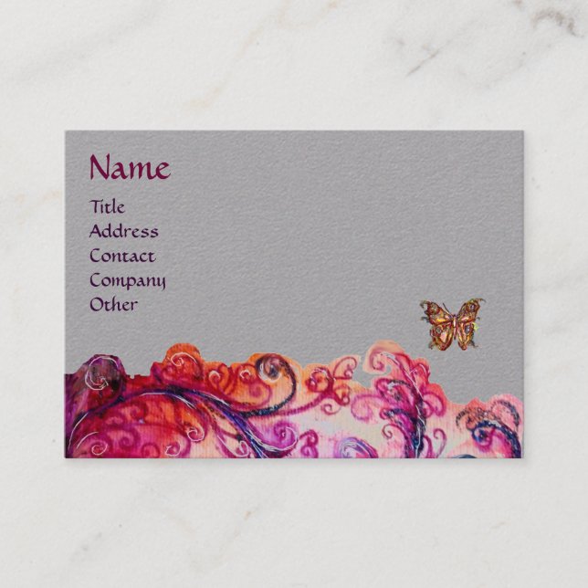 WHIMSICAL FLOURISHES Red Pink Purple Floral Grey Business Card (Front)
