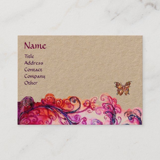 WHIMSICAL FLOURISHES Red Pink Purple Floral Kraft Business Card (Front)