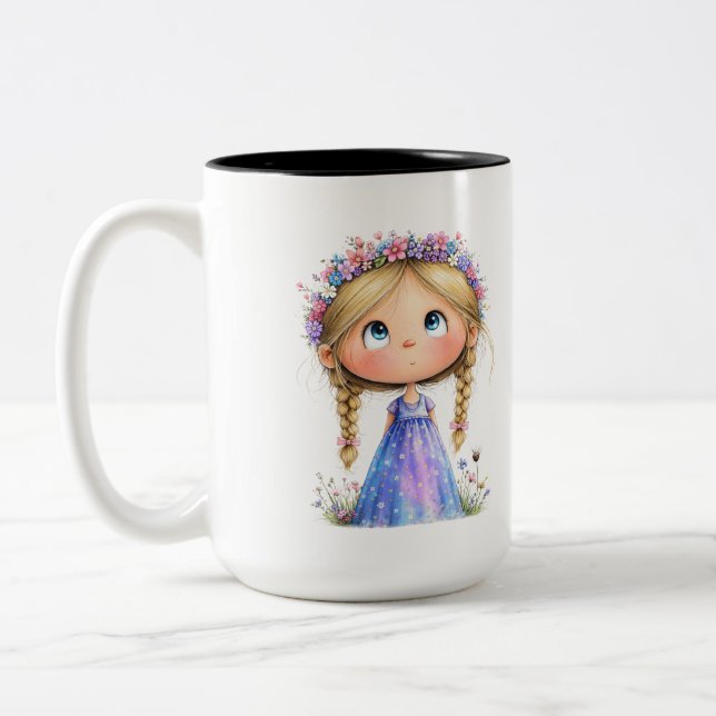 Whimsical Flower Crown Girl Cute Kids Art Two-Tone Coffee Mug (Left)