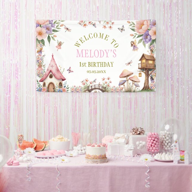 Whimsical Flower Fairy First  birthday Banner (Party)
