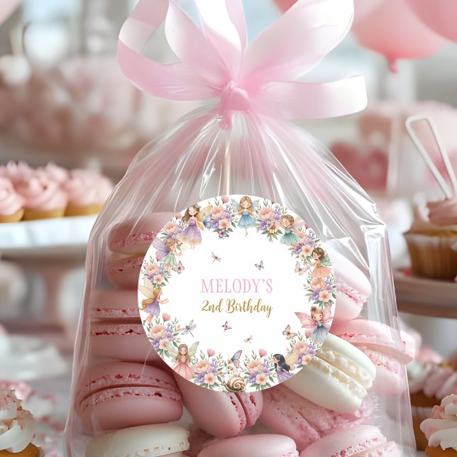 Whimsical flower fairy garden 2nd birthday  classic round sticker (Creator Uploaded)