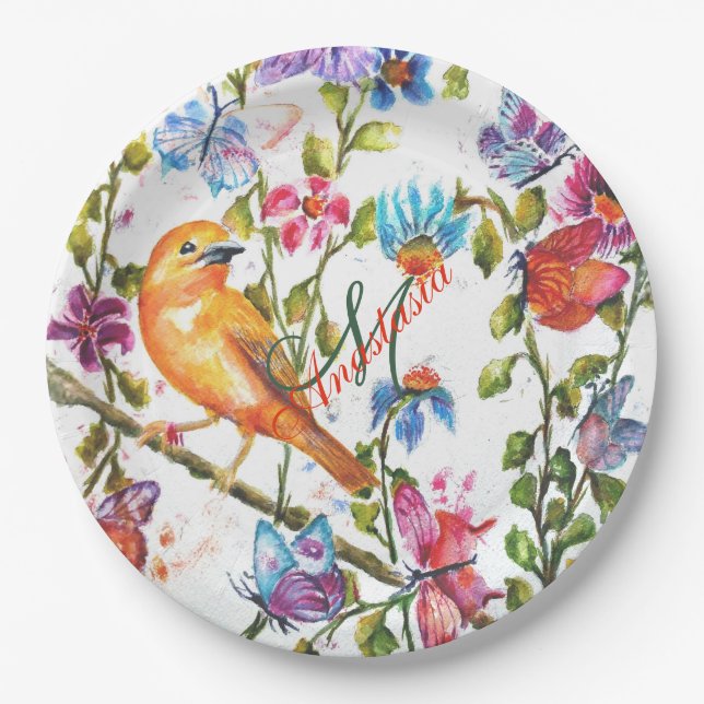 WHIMSICAL FLOWER GARDEN MONOGRAM PARTY PAPER PLATE (Front)