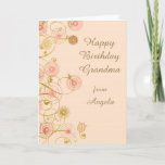 Whimsical Flower Grandmother Birthday Card<br><div class="desc">A pretty 60's style floral border in terra cotta, green, and gold decorates the left side of this pretty birthday card for grandma or mum. The flower images swirl around and complement your custom text in green gold on the side. There is an additional text field for you to customise...</div>