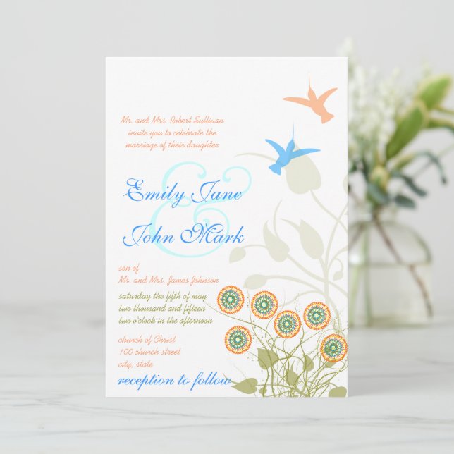 Whimsical Flower & Humming Bird Wedding Invitation (Standing Front)