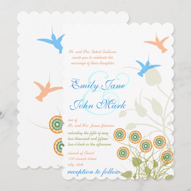 Whimsical Flower & Humming Bird Wedding Invitation (Front/Back)