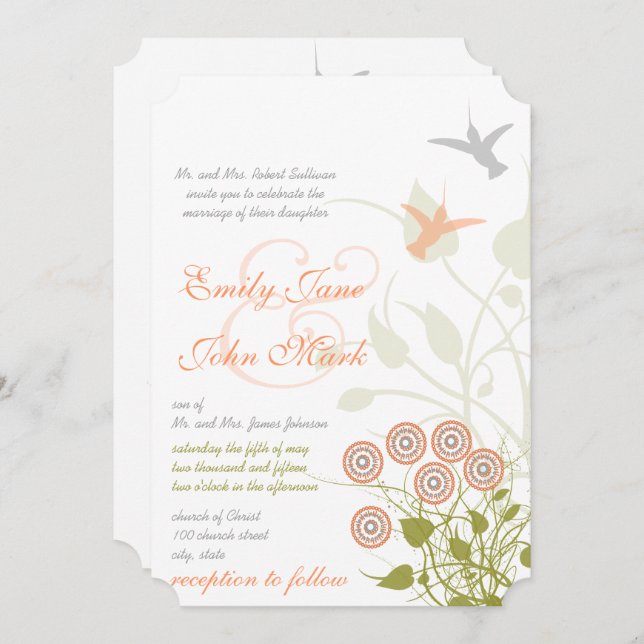Whimsical Flower & Humming Bird Wedding Invitation (Front/Back)
