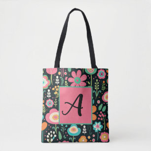 Whimsical Flower Patch on Black Tote Bag