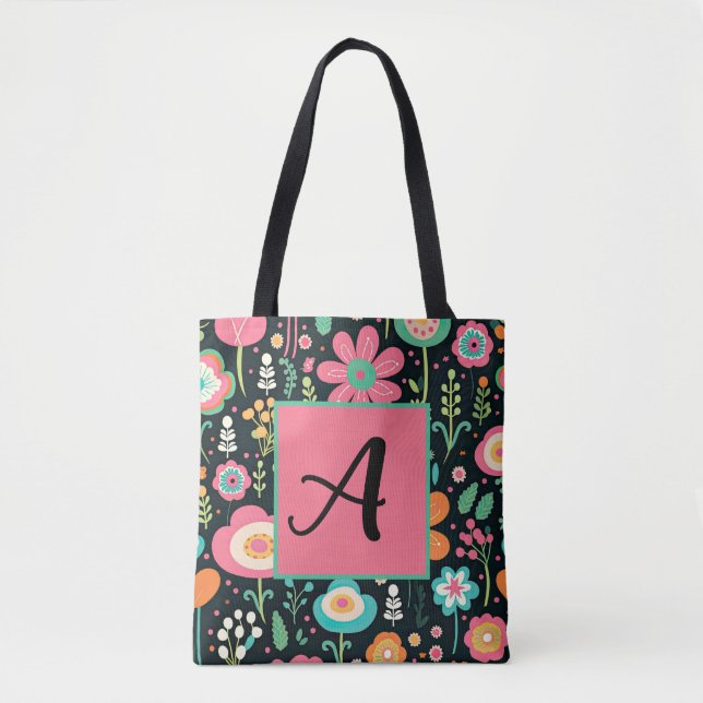 Whimsical Flower Patch on Black Tote Bag (Front)