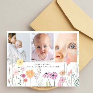 Whimsical Flowers 3 Photo New Baby Thank You Postcard