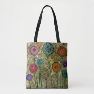 Whimsical Flowers and a Little Bird Tote Bag