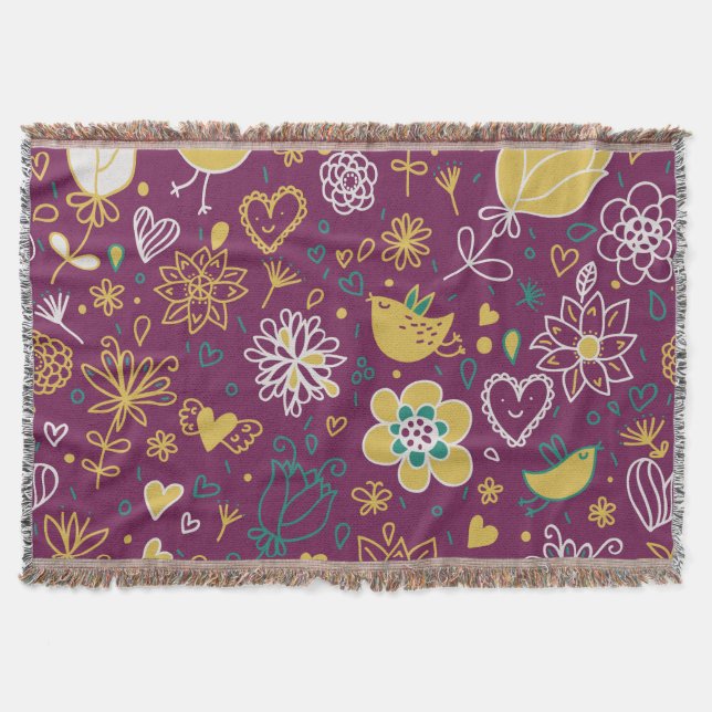 Whimsical Flowers and Birds Throw Blanket (Front)