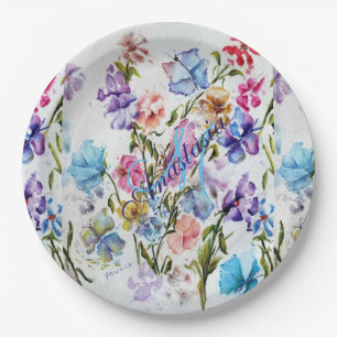 WHIMSICAL FLOWERS AND BUTTERFLIES MONOGRAM PARTY PAPER PLATE