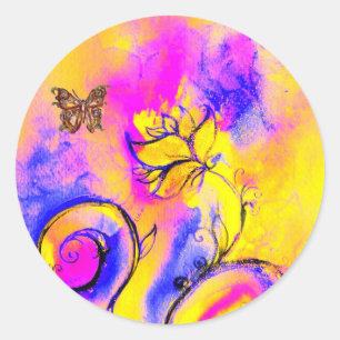 WHIMSICAL FLOWERS AND GOLD  BUTTERFLY CLASSIC ROUND STICKER