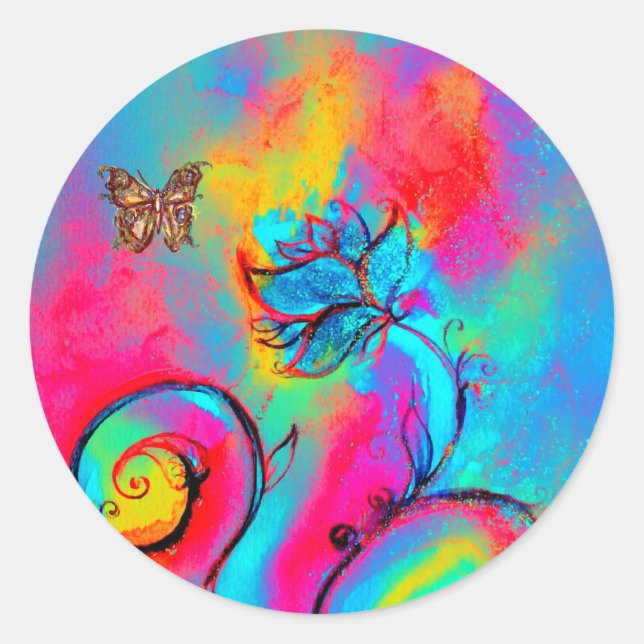 WHIMSICAL FLOWERS AND GOLD  BUTTERFLY CLASSIC ROUND STICKER (Front)