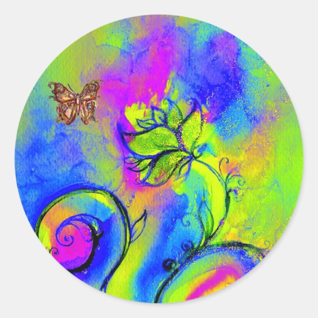 WHIMSICAL FLOWERS AND GOLD  BUTTERFLY CLASSIC ROUND STICKER (Front)