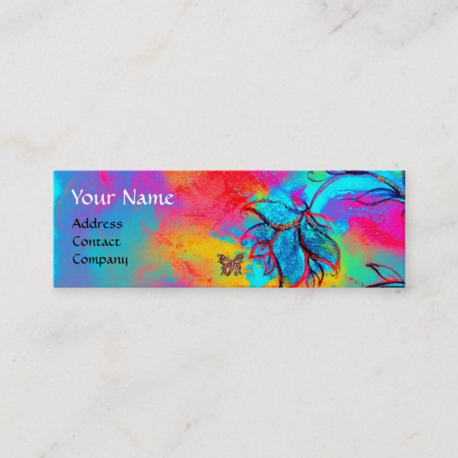 WHIMSICAL FLOWERS AND GOLD  BUTTERFLY MINI BUSINESS CARD (Front)