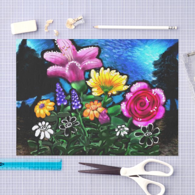 Whimsical Flowers At Night Decoupage Tissue Paper (Craft)