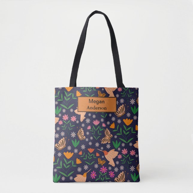 Whimsical Flowers birds and butterflies  monogram  Tote Bag (Front)