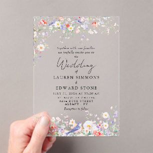 Whimsical Flowers & Blue Birds Watercolor Wedding Acrylic Invitations