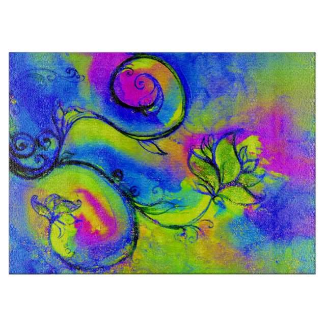WHIMSICAL FLOWERS  blue pink green yellow Cutting Board (Front)