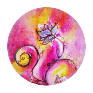 WHIMSICAL FLOWERS  Blue Pink Yellow Floral Fantasy Cutting Board