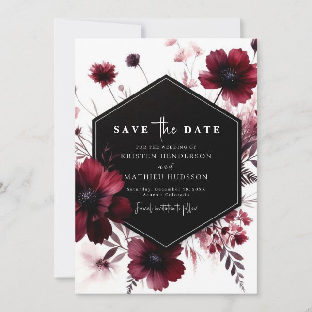 Whimsical Flowers Burgundy Wedding Save The Date (Front)