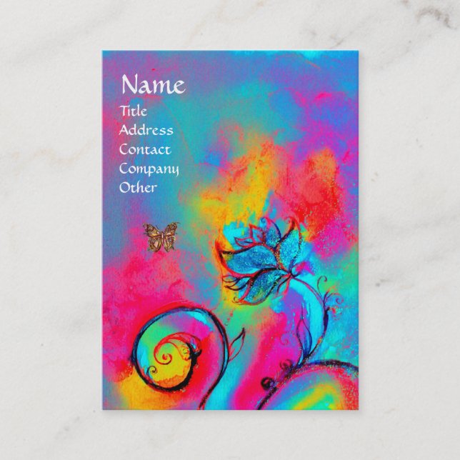 WHIMSICAL FLOWERS & BUTTERFLIES blue pink yellow Business Card (Front)