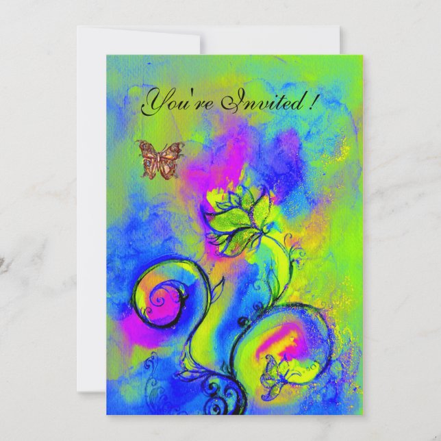 WHIMSICAL FLOWERS & BUTTERFLIES blue yellow purple Invitation (Front)